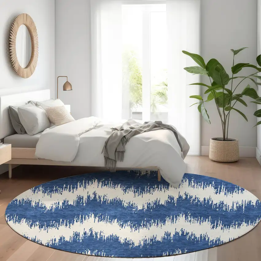 8' Navy Blue And Ivory Chevron Washable Round Rug With UV Protection Photo 5