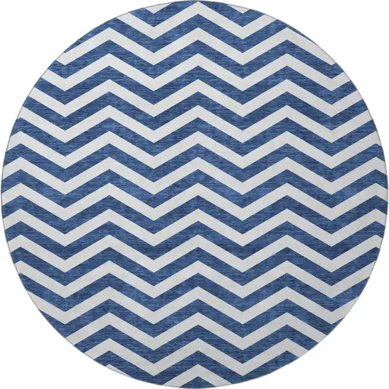 8' Navy Blue And Ivory Chevron Washable Round Rug With UV Protection Photo 4