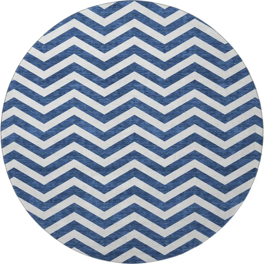 8' Navy Blue And Ivory Chevron Washable Round Rug With UV Protection Photo 4