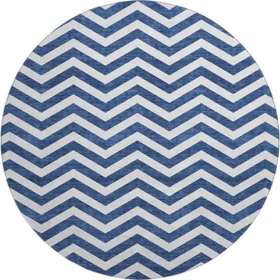 8' Navy Blue And Ivory Chevron Washable Round Rug With UV Protection Photo 1