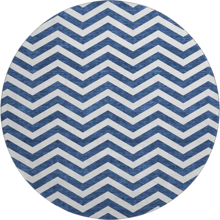 8' Navy Blue And Ivory Chevron Washable Round Rug With UV Protection Photo 1