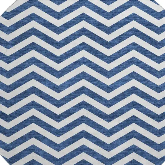 8' Navy Blue And Ivory Chevron Washable Round Rug With UV Protection Photo 3