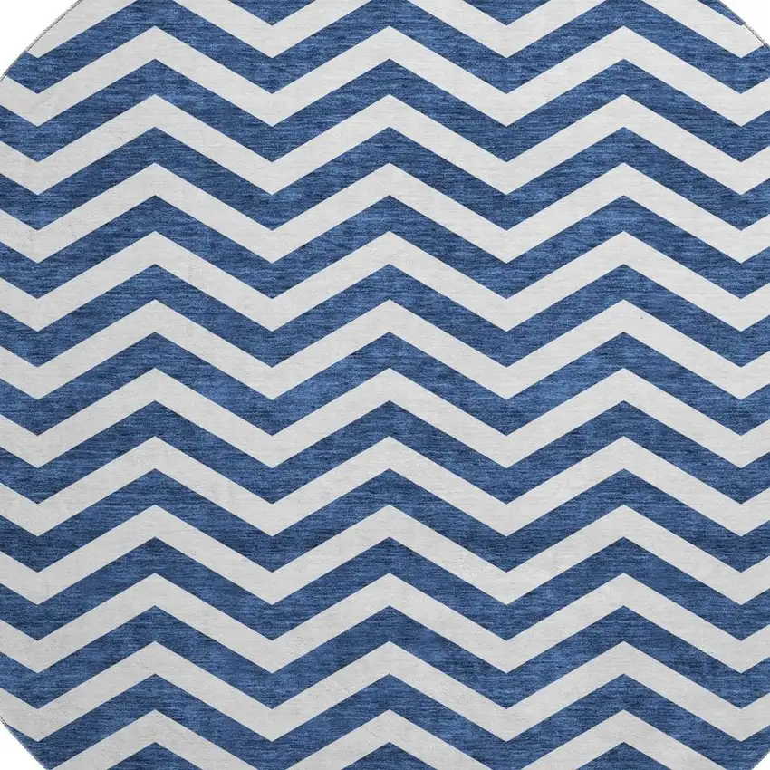 8' Navy Blue And Ivory Chevron Washable Round Rug With UV Protection Photo 3