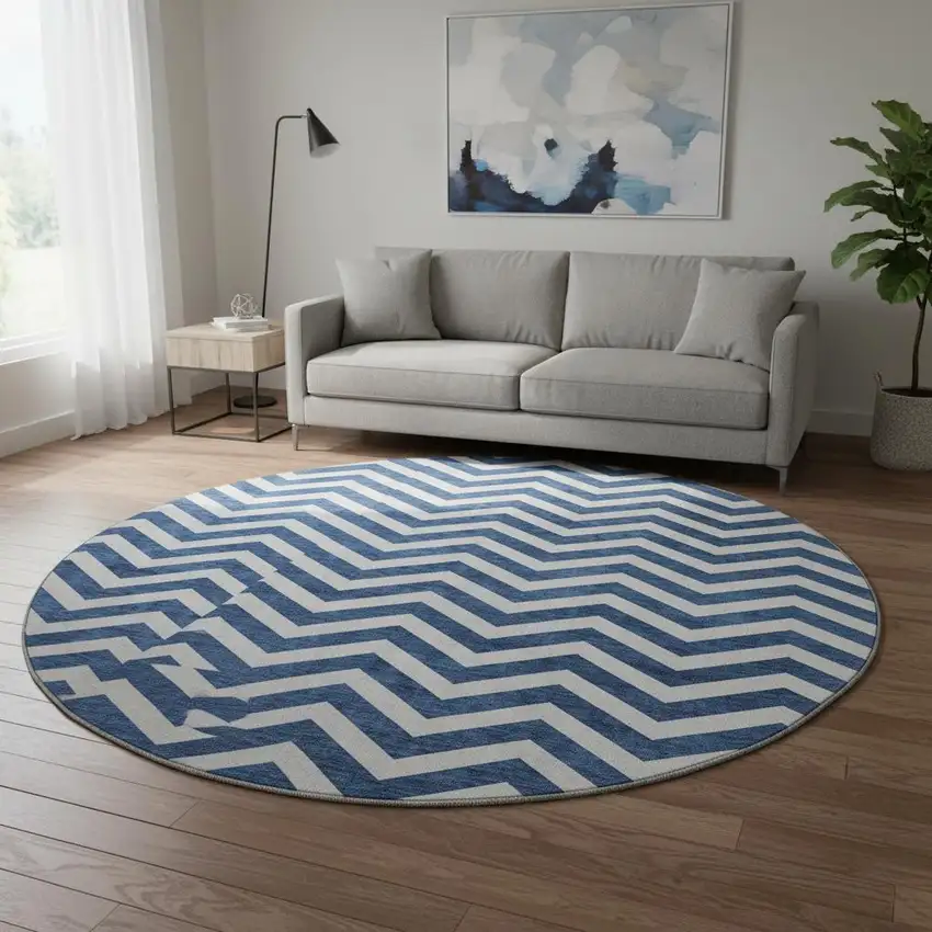 8' Navy Blue And Ivory Chevron Washable Round Rug With UV Protection Photo 2