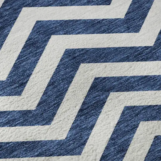 8' Navy Blue And Ivory Chevron Washable Round Rug With UV Protection Photo 9