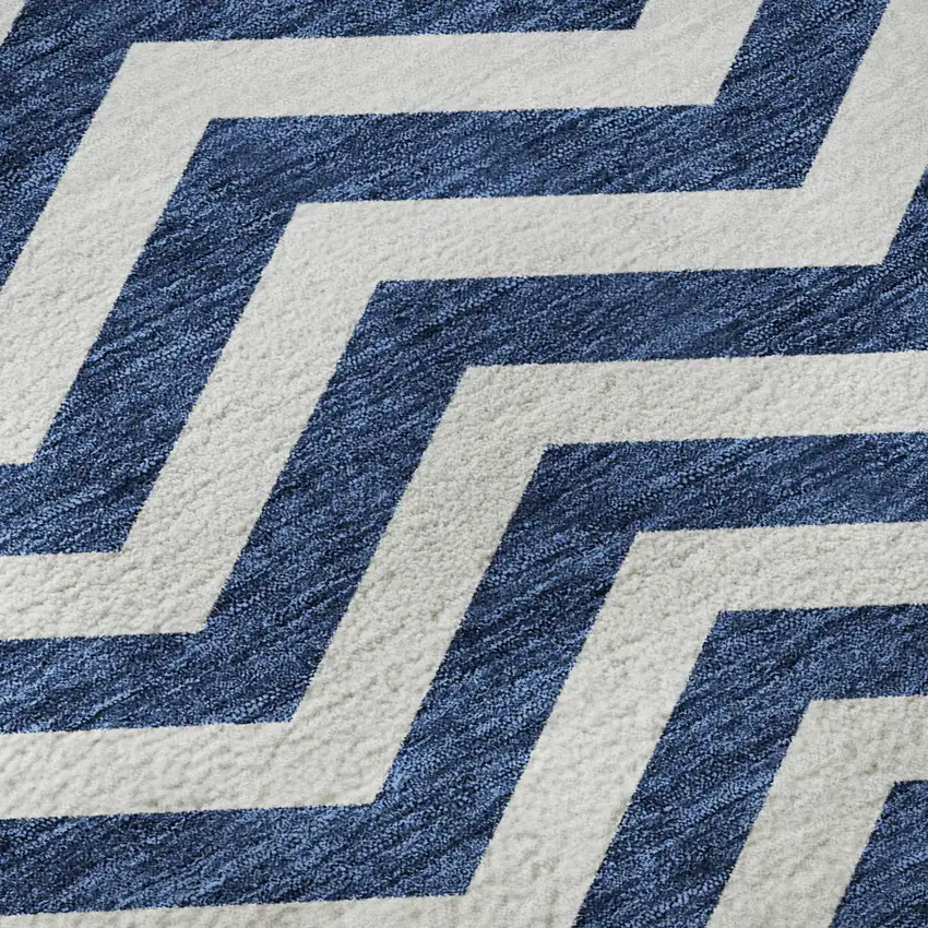 8' Navy Blue And Ivory Chevron Washable Round Rug With UV Protection Photo 9