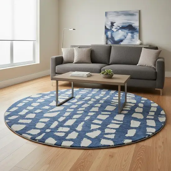 8' Navy Blue And Ivory Cobblestone Washable Round Rug With UV Protection Photo 2