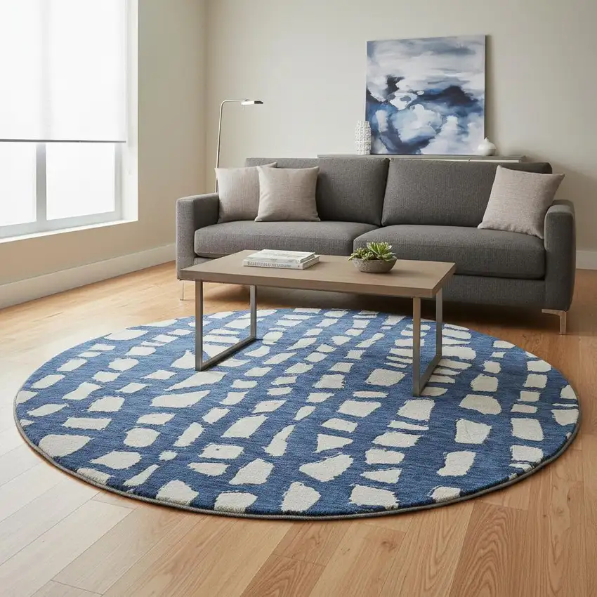 8' Navy Blue And Ivory Cobblestone Washable Round Rug With UV Protection Photo 2