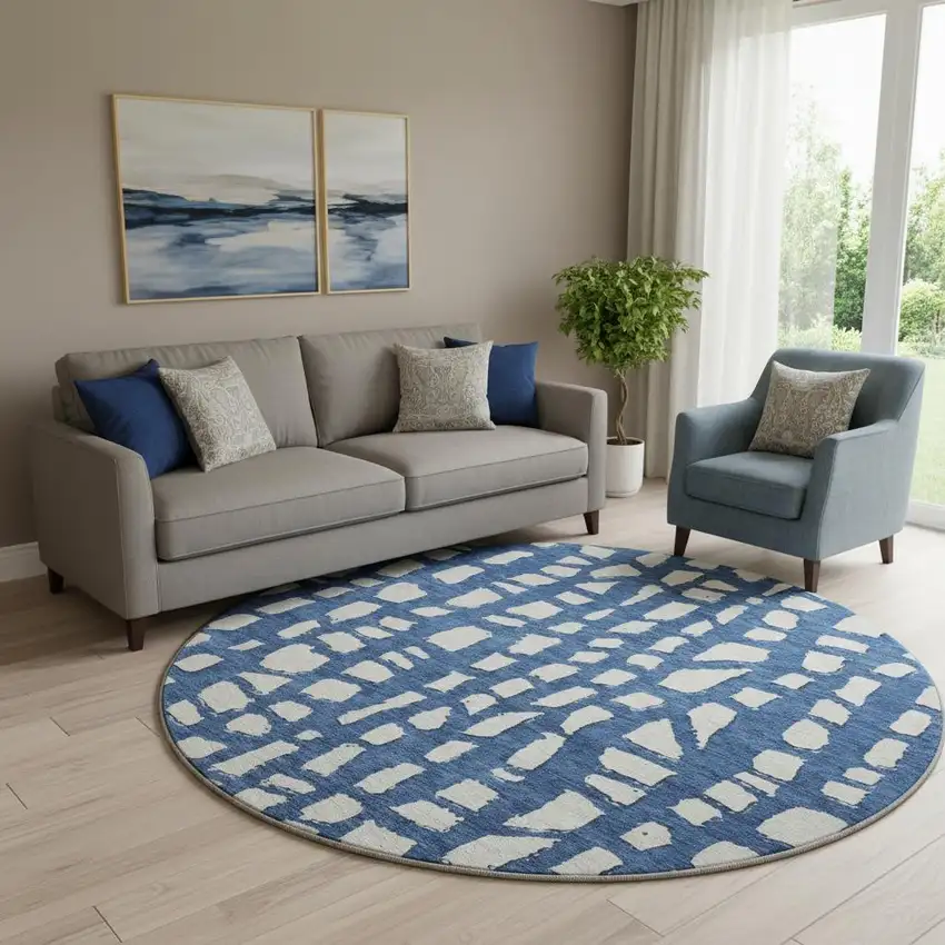 8' Navy Blue And Ivory Cobblestone Washable Round Rug With UV Protection Photo 1