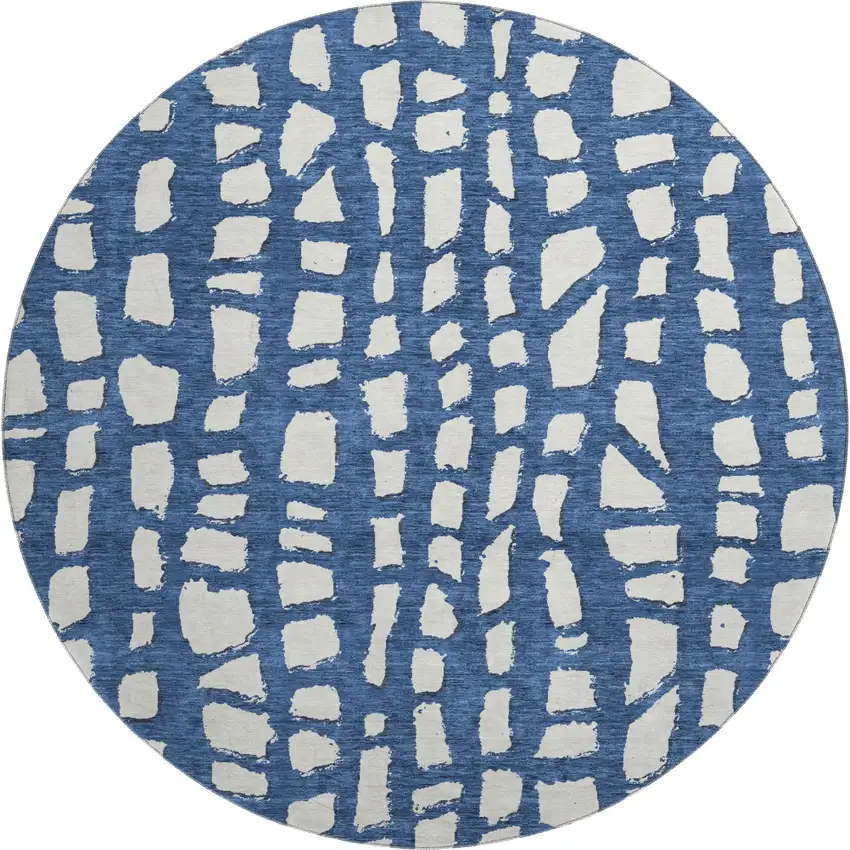 8' Navy Blue And Ivory Cobblestone Washable Round Rug With UV Protection Photo 1