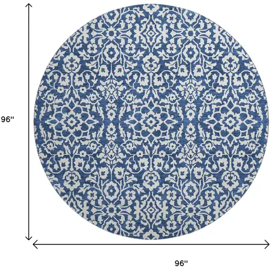 8' Navy Blue And Ivory Damask Washable Round Rug With UV Protection Photo 3