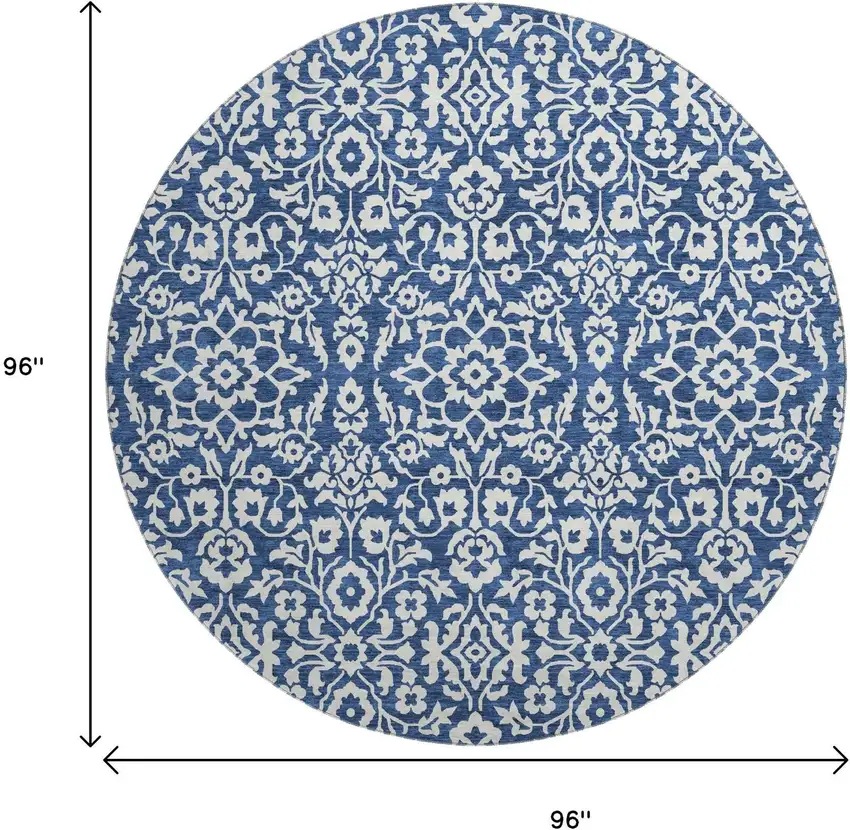 8' Navy Blue And Ivory Damask Washable Round Rug With UV Protection Photo 3