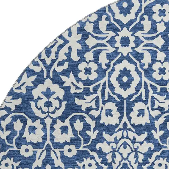 8' Navy Blue And Ivory Damask Washable Round Rug With UV Protection Photo 3