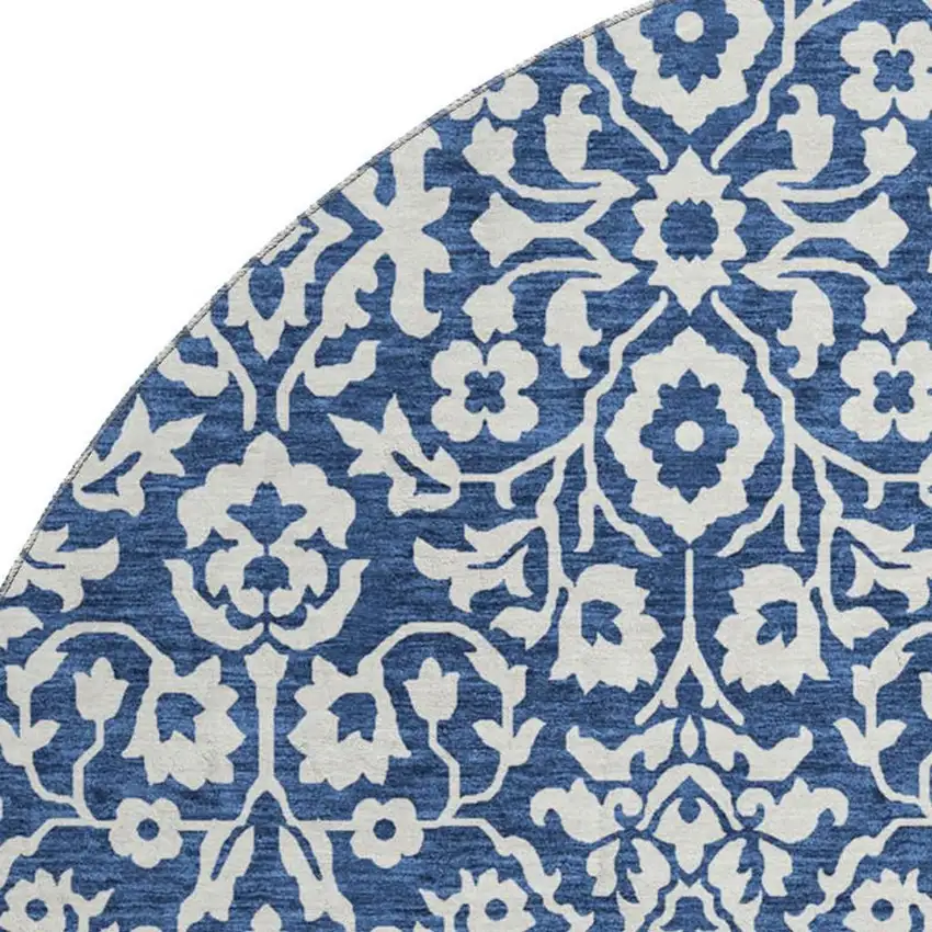 8' Navy Blue And Ivory Damask Washable Round Rug With UV Protection Photo 3