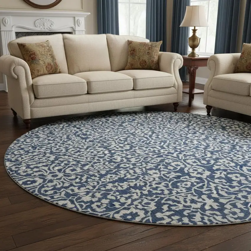 8' Navy Blue And Ivory Damask Washable Round Rug With UV Protection Photo 2
