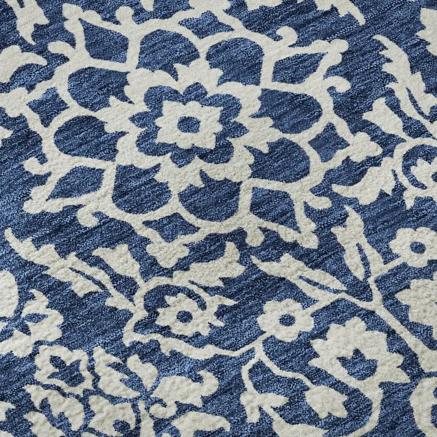 8' Navy Blue And Ivory Damask Washable Round Rug With UV Protection Photo 9