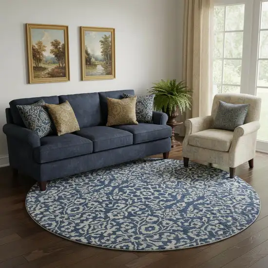 8' Navy Blue And Ivory Damask Washable Round Rug With UV Protection Photo 1