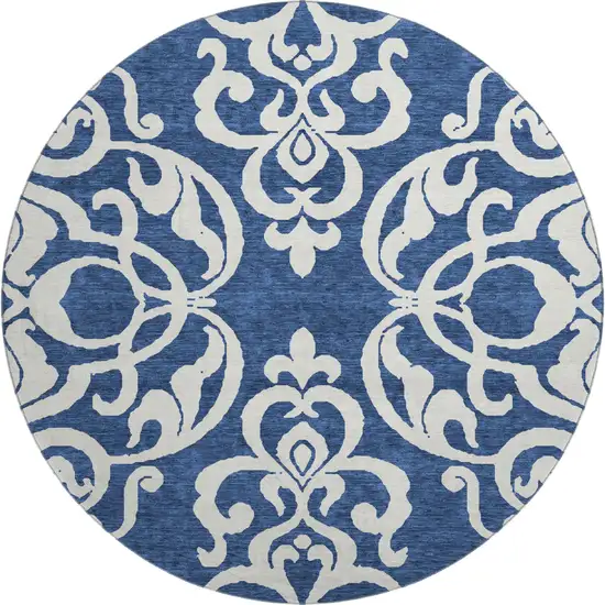 8' Navy Blue And Ivory Damask Washable Round Rug With UV Protection Photo 1