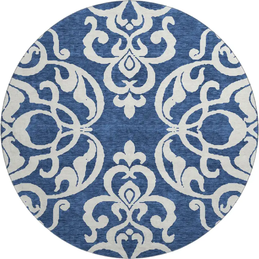 8' Navy Blue And Ivory Damask Washable Round Rug With UV Protection Photo 1
