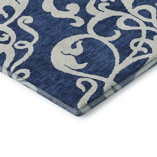 8' Navy Blue And Ivory Damask Washable Round Rug With UV Protection Photo 6