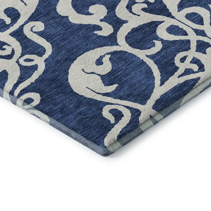 8' Navy Blue And Ivory Damask Washable Round Rug With UV Protection Photo 6