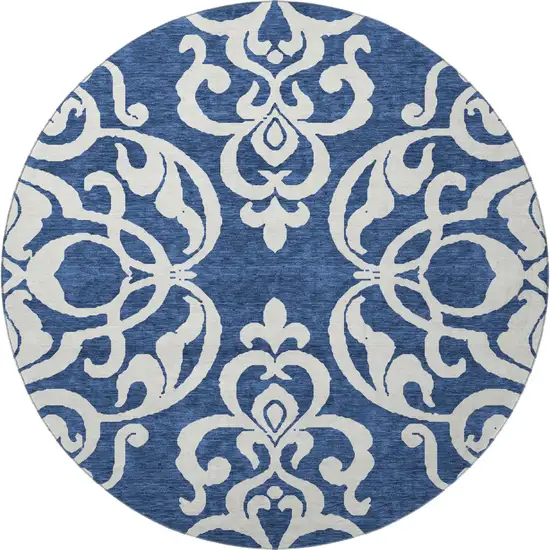 8' Navy Blue And Ivory Damask Washable Round Rug With UV Protection Photo 3