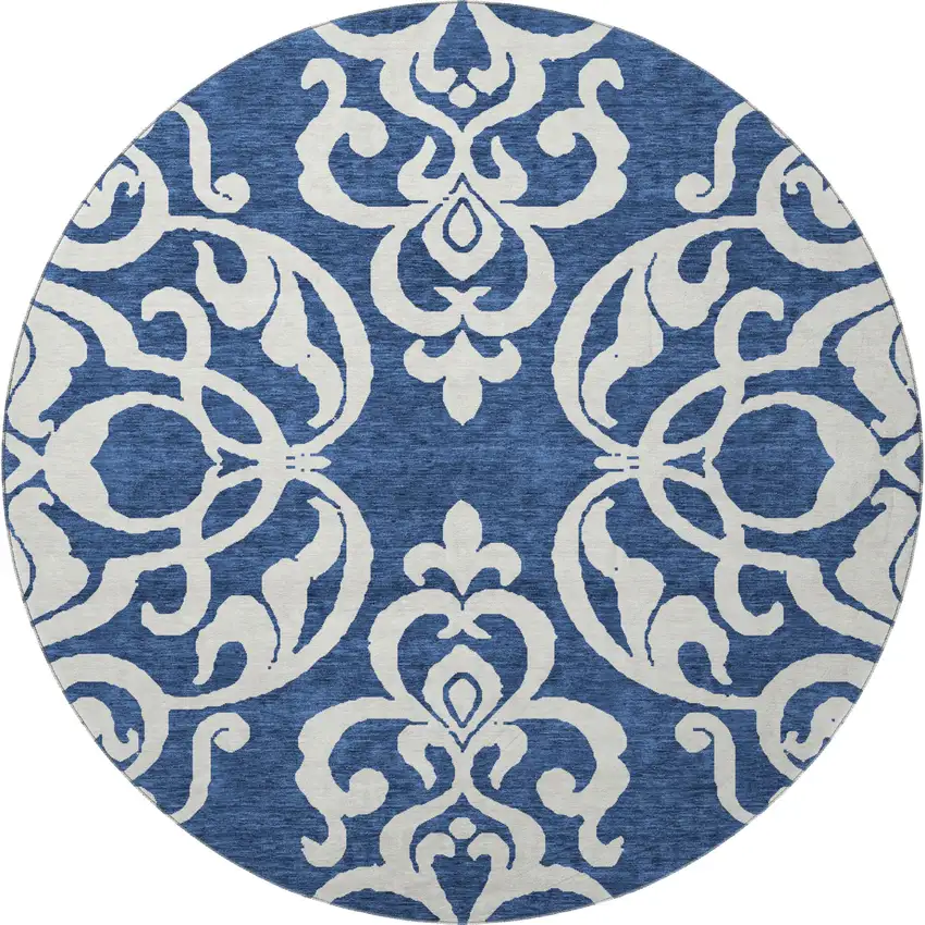 8' Navy Blue And Ivory Damask Washable Round Rug With UV Protection Photo 3