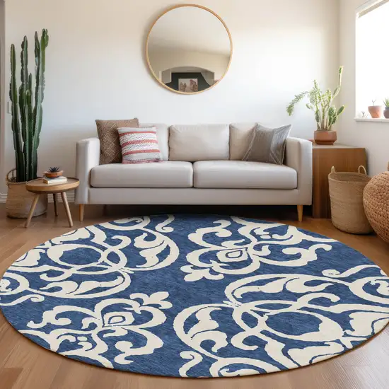 8' Navy Blue And Ivory Damask Washable Round Rug With UV Protection Photo 4