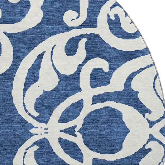 8' Navy Blue And Ivory Damask Washable Round Rug With UV Protection Photo 2