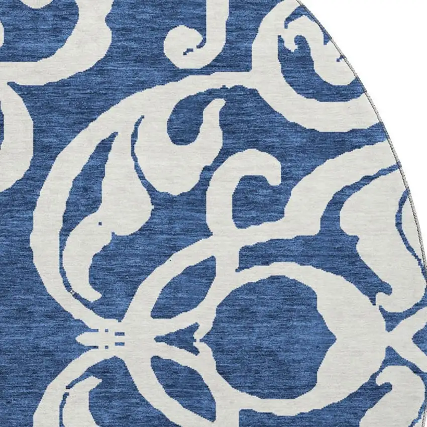8' Navy Blue And Ivory Damask Washable Round Rug With UV Protection Photo 2