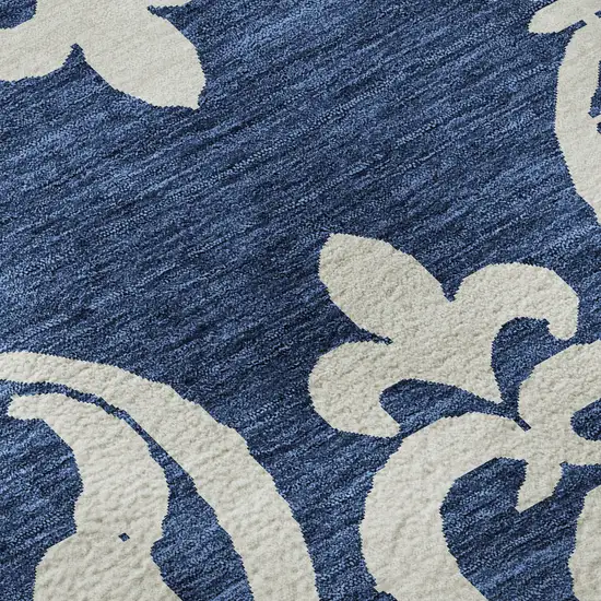 8' Navy Blue And Ivory Damask Washable Round Rug With UV Protection Photo 8
