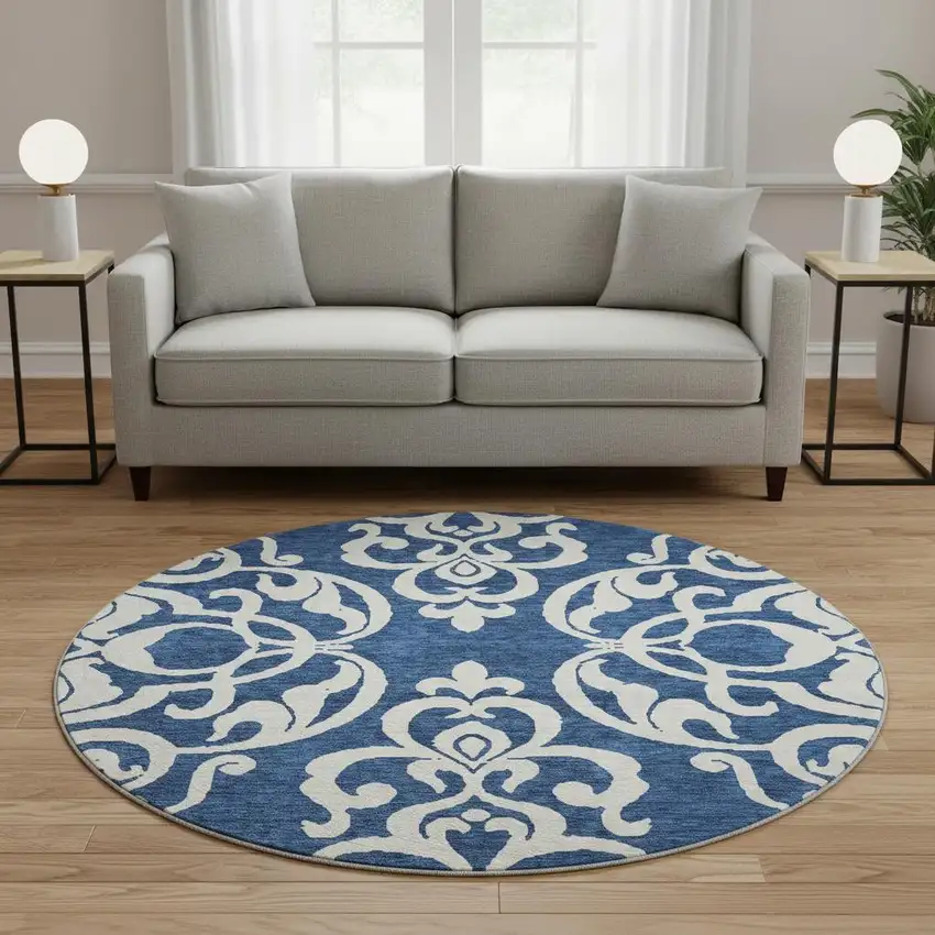8' Navy Blue And Ivory Damask Washable Round Rug With UV Protection Photo 2