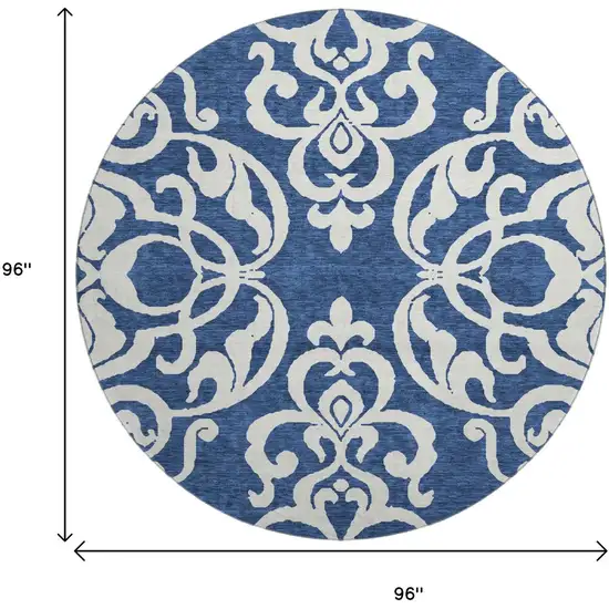 8' Navy Blue And Ivory Damask Washable Round Rug With UV Protection Photo 9