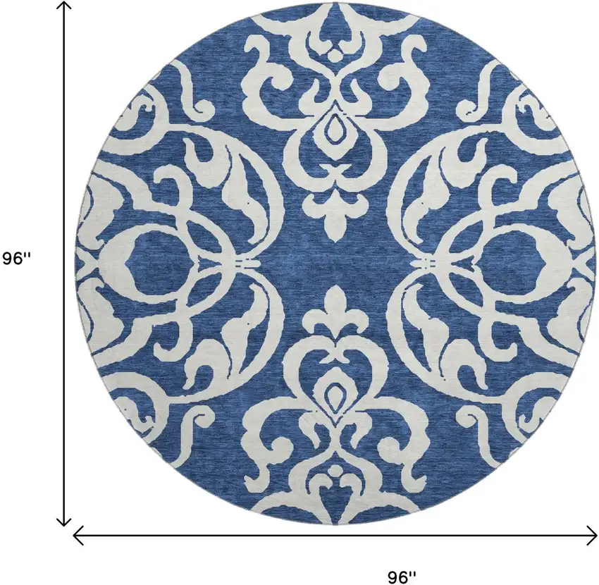 8' Navy Blue And Ivory Damask Washable Round Rug With UV Protection Photo 9