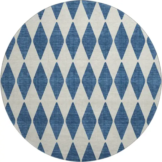 8' Navy Blue And Ivory Diamond Washable Round Rug With UV Protection Photo 1