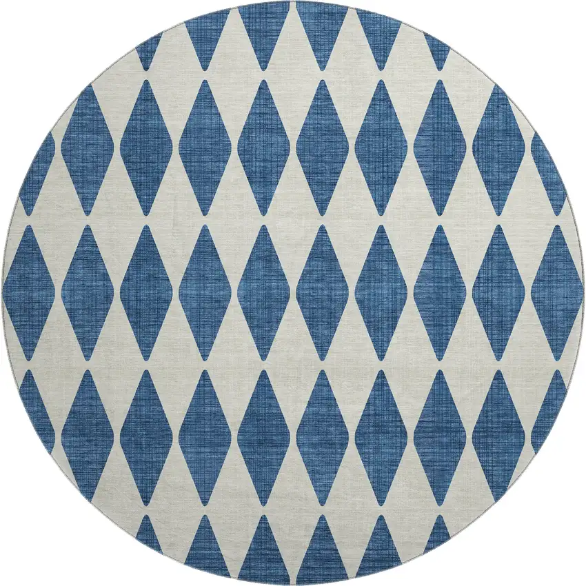 8' Navy Blue And Ivory Diamond Washable Round Rug With UV Protection Photo 1