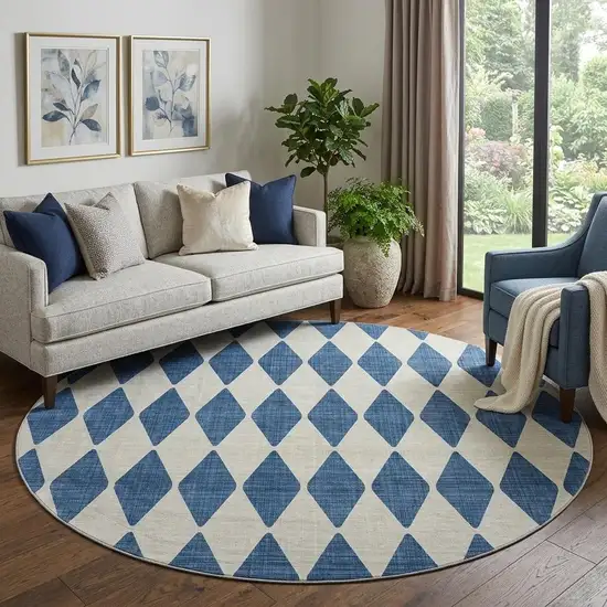 8' Navy Blue And Ivory Diamond Washable Round Rug With UV Protection Photo 1