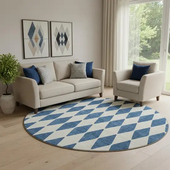 8' Navy Blue And Ivory Diamond Washable Round Rug With UV Protection Photo 1