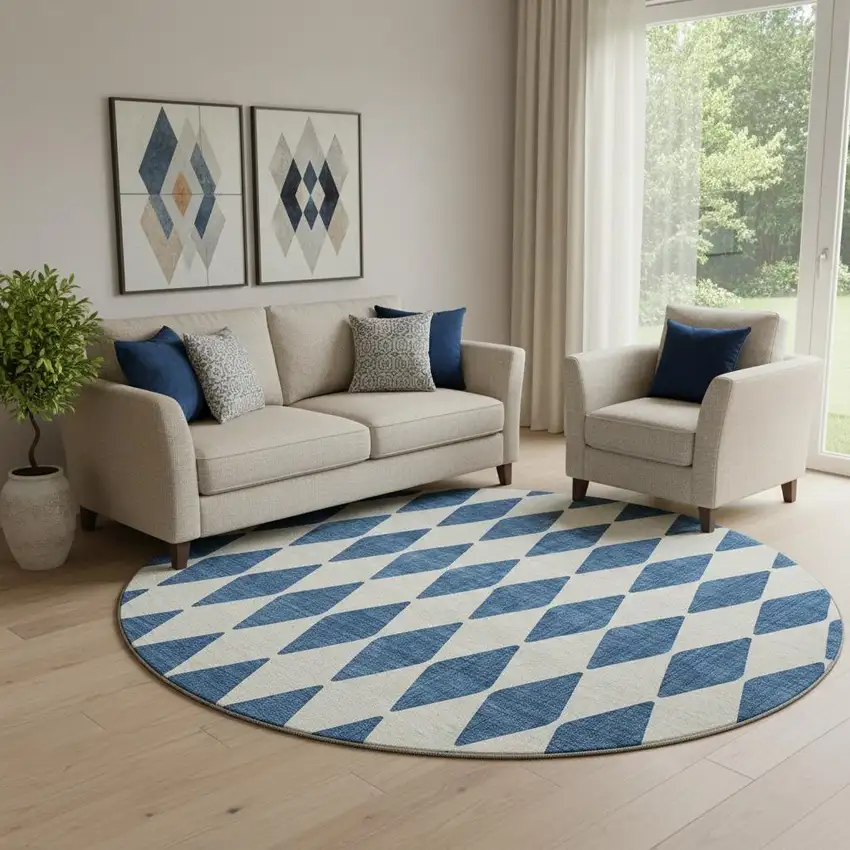 8' Navy Blue And Ivory Diamond Washable Round Rug With UV Protection Photo 1