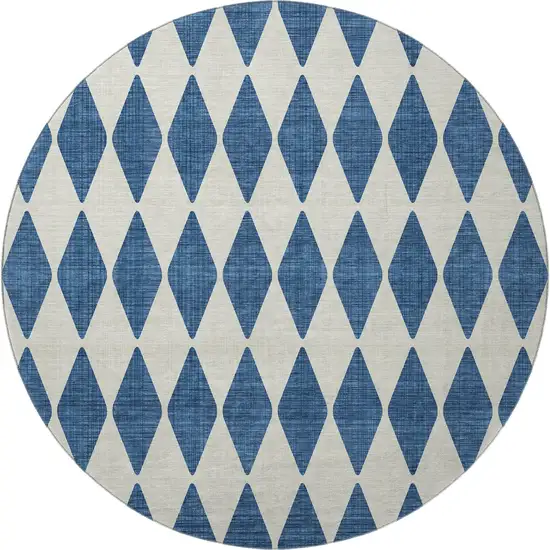8' Navy Blue And Ivory Diamond Washable Round Rug With UV Protection Photo 4