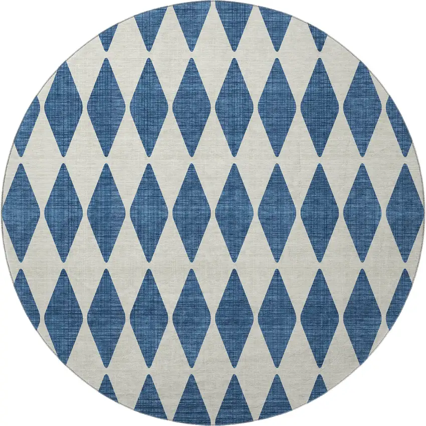 8' Navy Blue And Ivory Diamond Washable Round Rug With UV Protection Photo 4