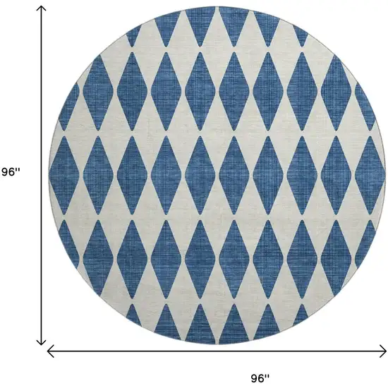 8' Navy Blue And Ivory Diamond Washable Round Rug With UV Protection Photo 3
