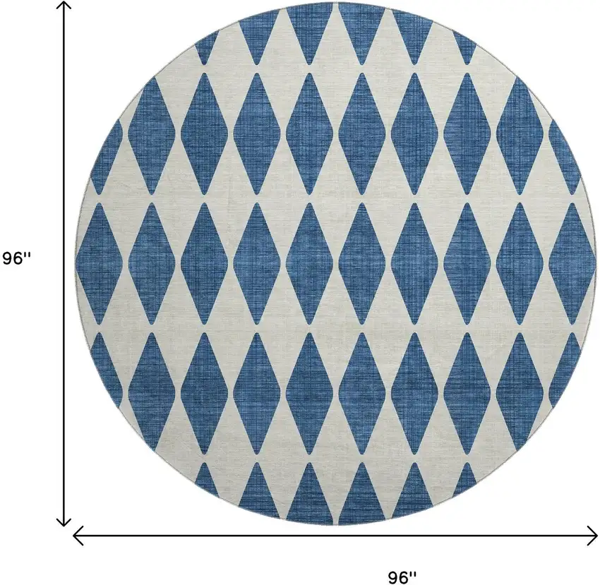 8' Navy Blue And Ivory Diamond Washable Round Rug With UV Protection Photo 3