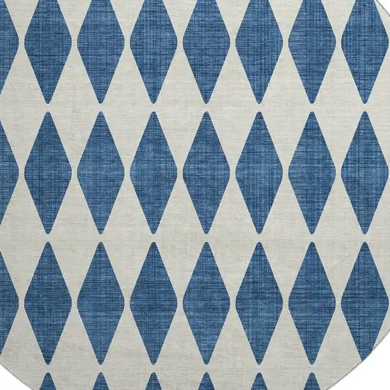 8' Navy Blue And Ivory Diamond Washable Round Rug With UV Protection Photo 3