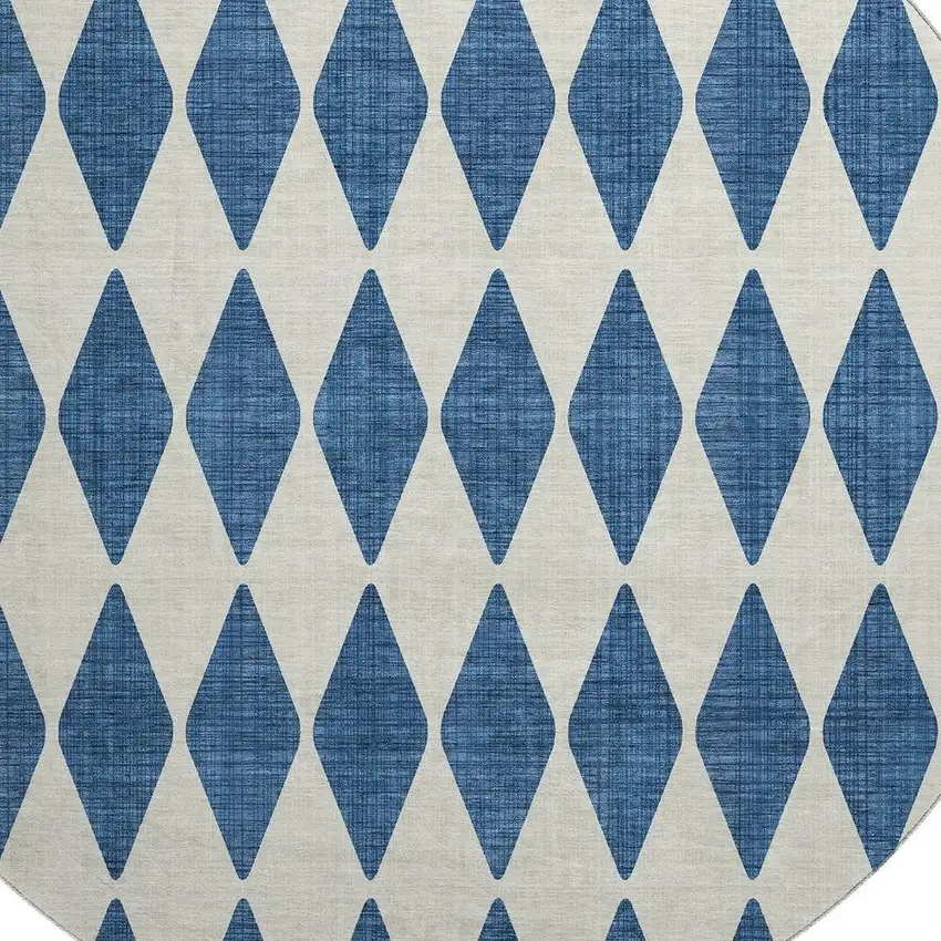 8' Navy Blue And Ivory Diamond Washable Round Rug With UV Protection Photo 3