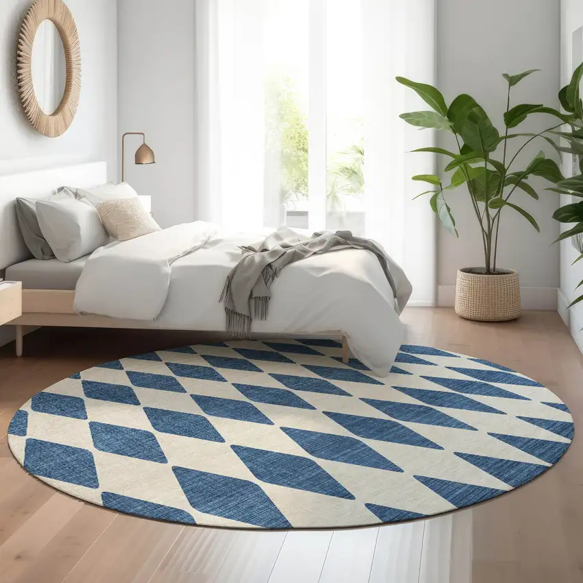 8' Navy Blue And Ivory Diamond Washable Round Rug With UV Protection Photo 5