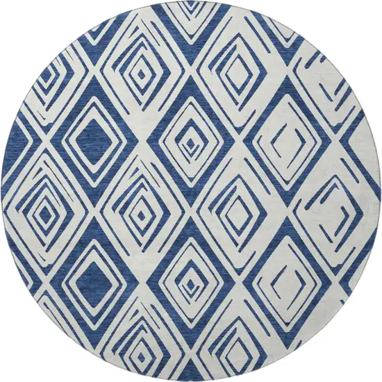 8' Navy Blue And Ivory Diamond Washable Round Rug With UV Protection Photo 4