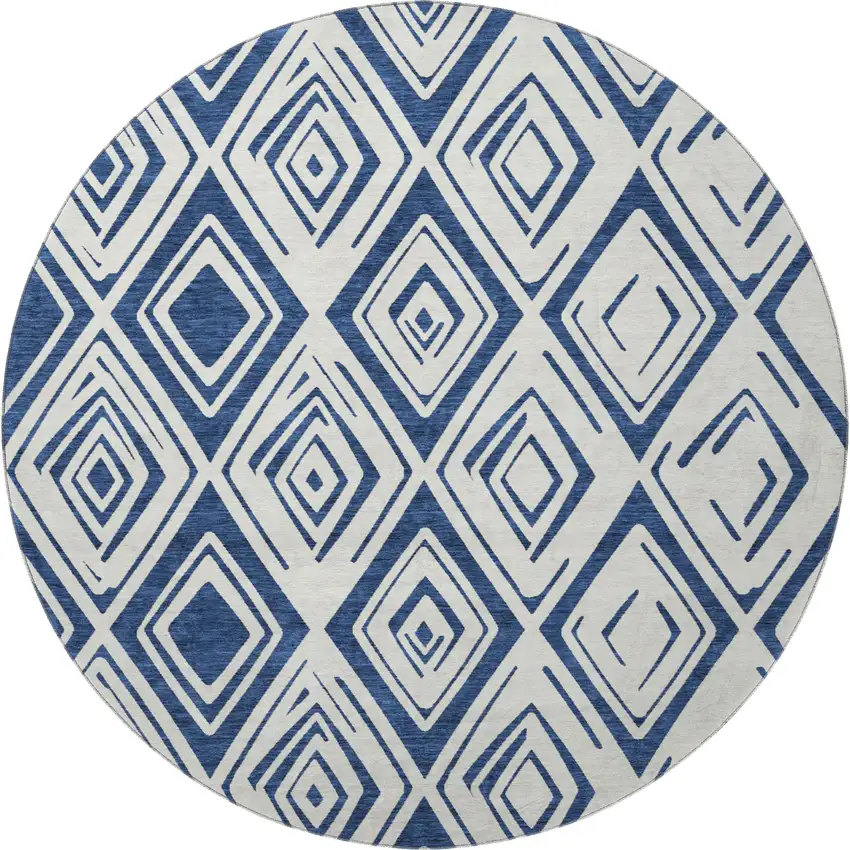 8' Navy Blue And Ivory Diamond Washable Round Rug With UV Protection Photo 4