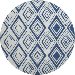 Photo of 8' Navy Blue And Ivory Diamond Washable Round Rug With UV Protection