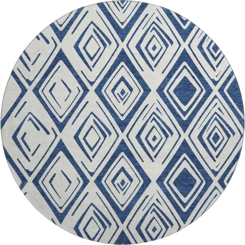 8' Navy Blue And Ivory Diamond Washable Round Rug With UV Protection Photo 1